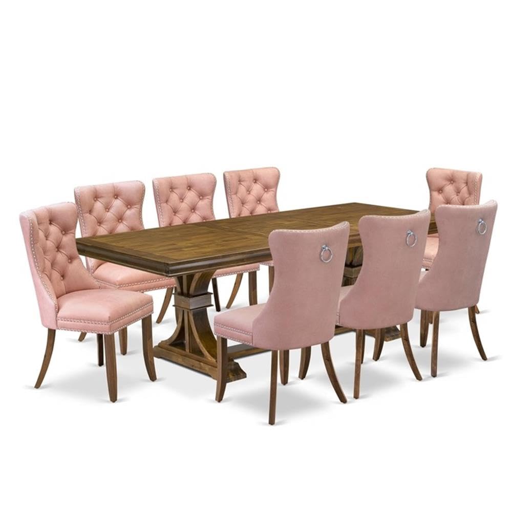 9-Piece Acacia Wood Dining Table Set with Beige Faux Leather Chairs H841