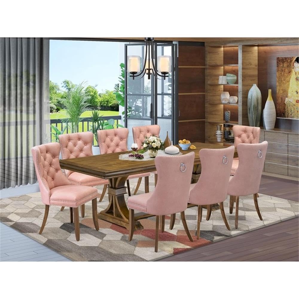 9-Piece Acacia Wood Dining Table Set with Beige Faux Leather Chairs H841