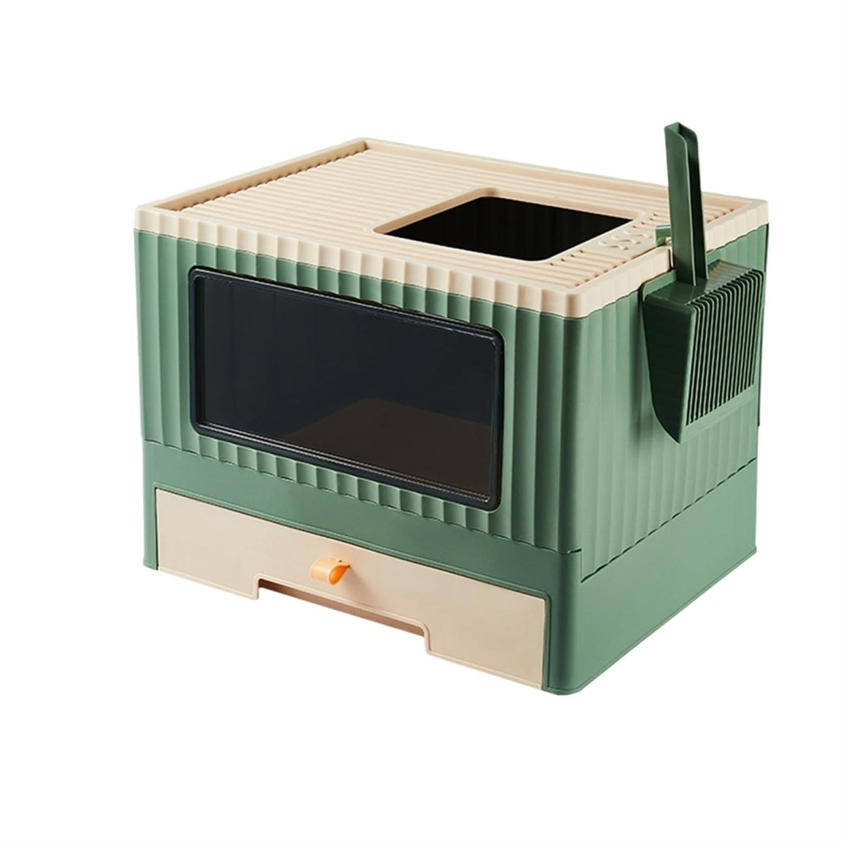 Top Entry Cat Litter Box with Lid Foldable Drawer Type Green S3130