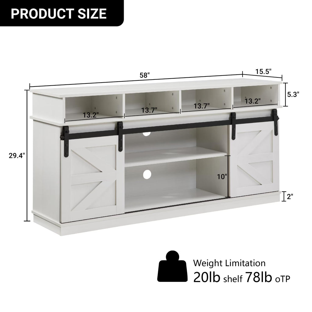 White 58 Inch Farmhouse TV Stand with Sliding Barn Doors O8534