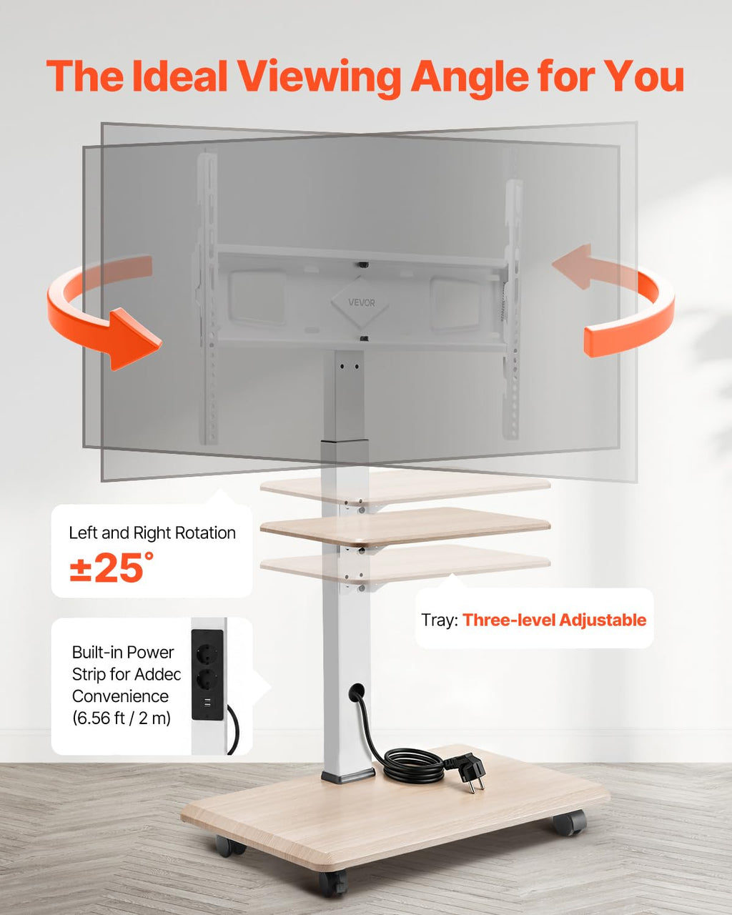 Rolling TV Stand for 32-70 Inch Screens, Height Adjustable with Tray Z500