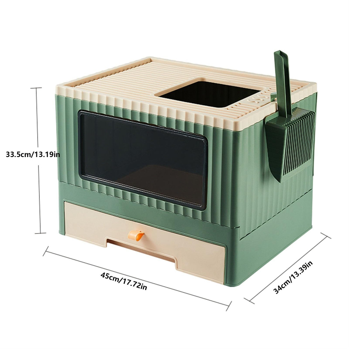 Top Entry Cat Litter Box with Lid Foldable Drawer Type Green S3130