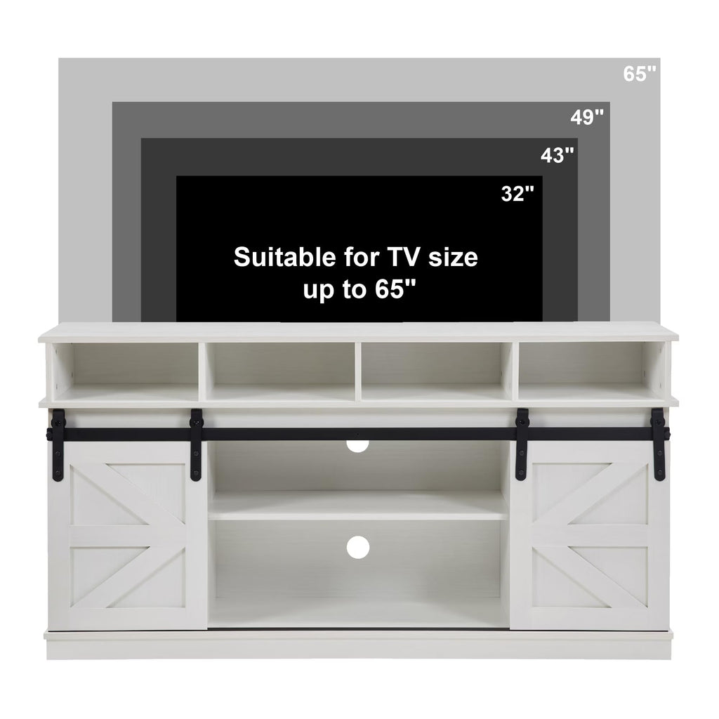 White 58 Inch Farmhouse TV Stand with Sliding Barn Doors O8534