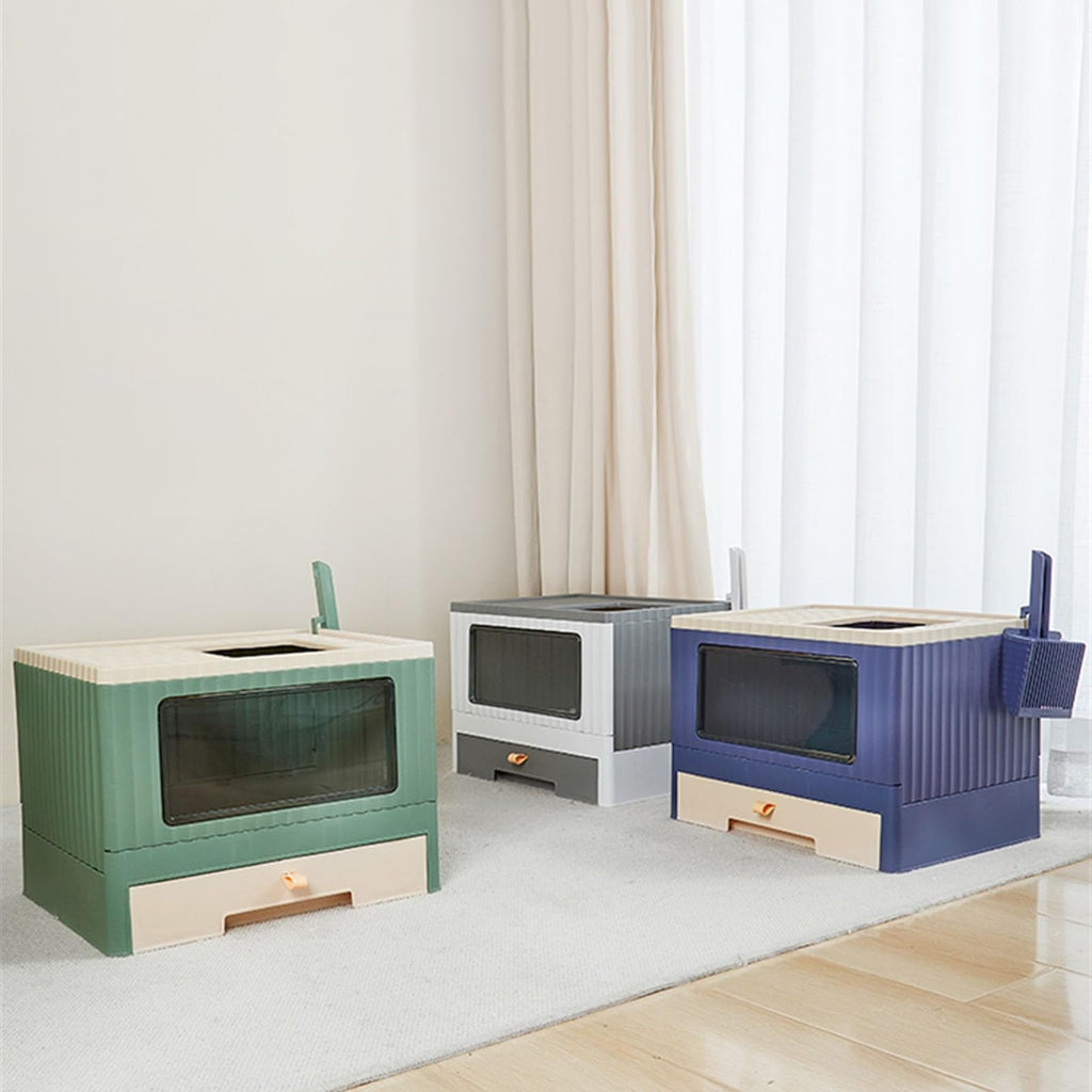 Top Entry Cat Litter Box with Lid Foldable Drawer Type Green S3130