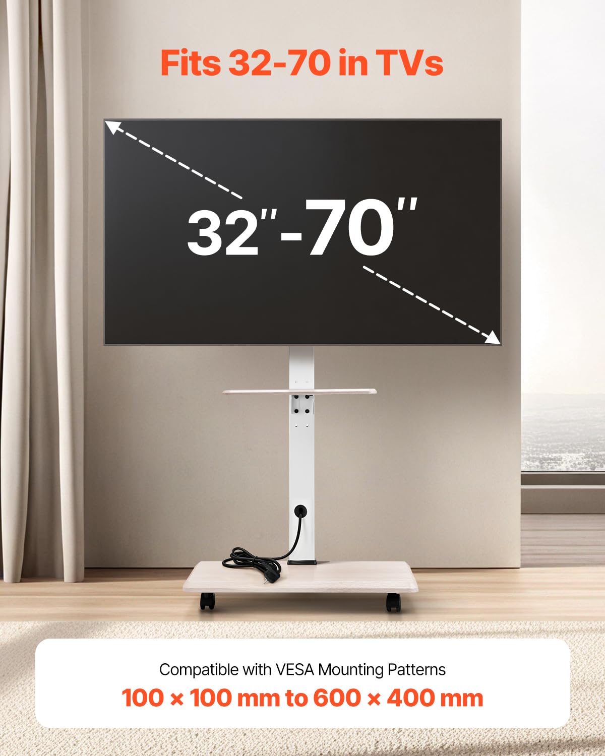 Rolling TV Stand for 32-70 Inch Screens, Height Adjustable with Tray Z500
