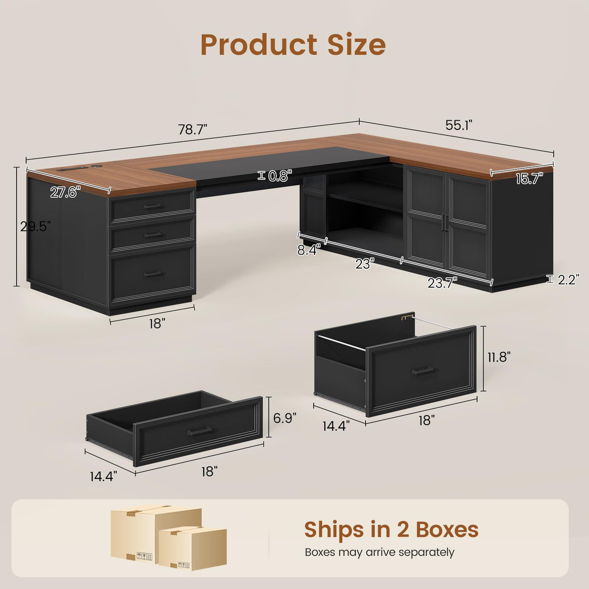 78.7" L Shaped Executive Desk with Charging Station, File Drawers & Storage Cabinet, Black + Brown H1223