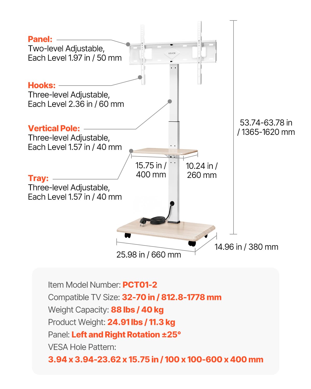 Rolling TV Stand for 32-70 Inch Screens, Height Adjustable with Tray Z500