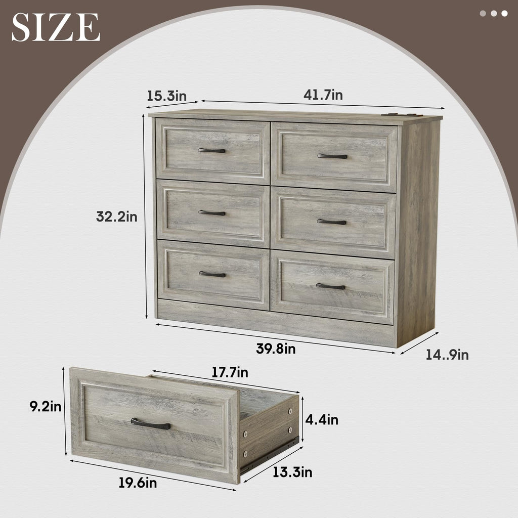 Ash Grey 6 Drawer Wood Dresser H3429