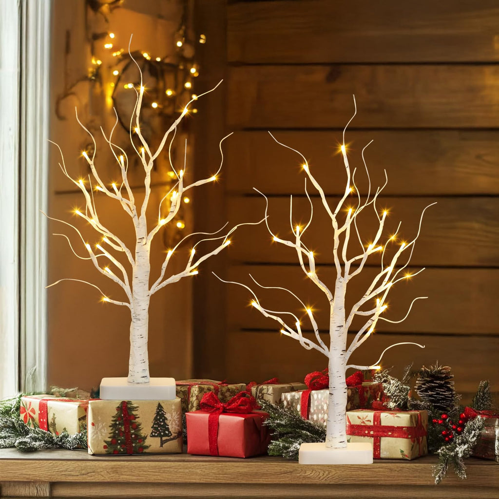 Lighted Birch Tree 2 Pack with 24 LED Battery Powered Timer B64949