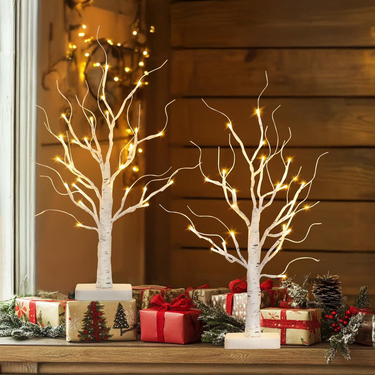 Lighted Birch Tree 2 Pack with 24 LED Battery Powered Timer B64949