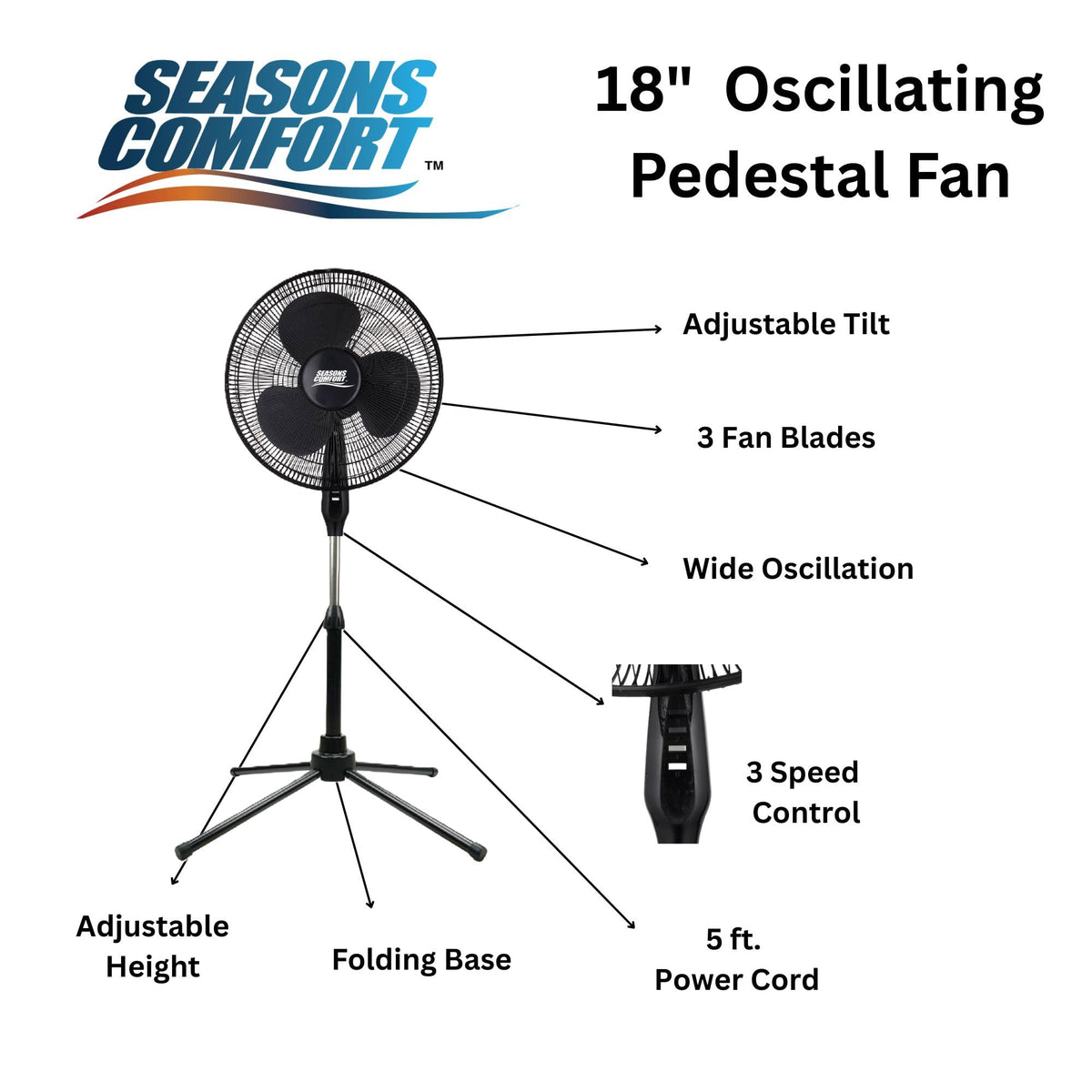 18" Oscillating Pedestal Fan, Adjustable Height, 3 Speed I80839
