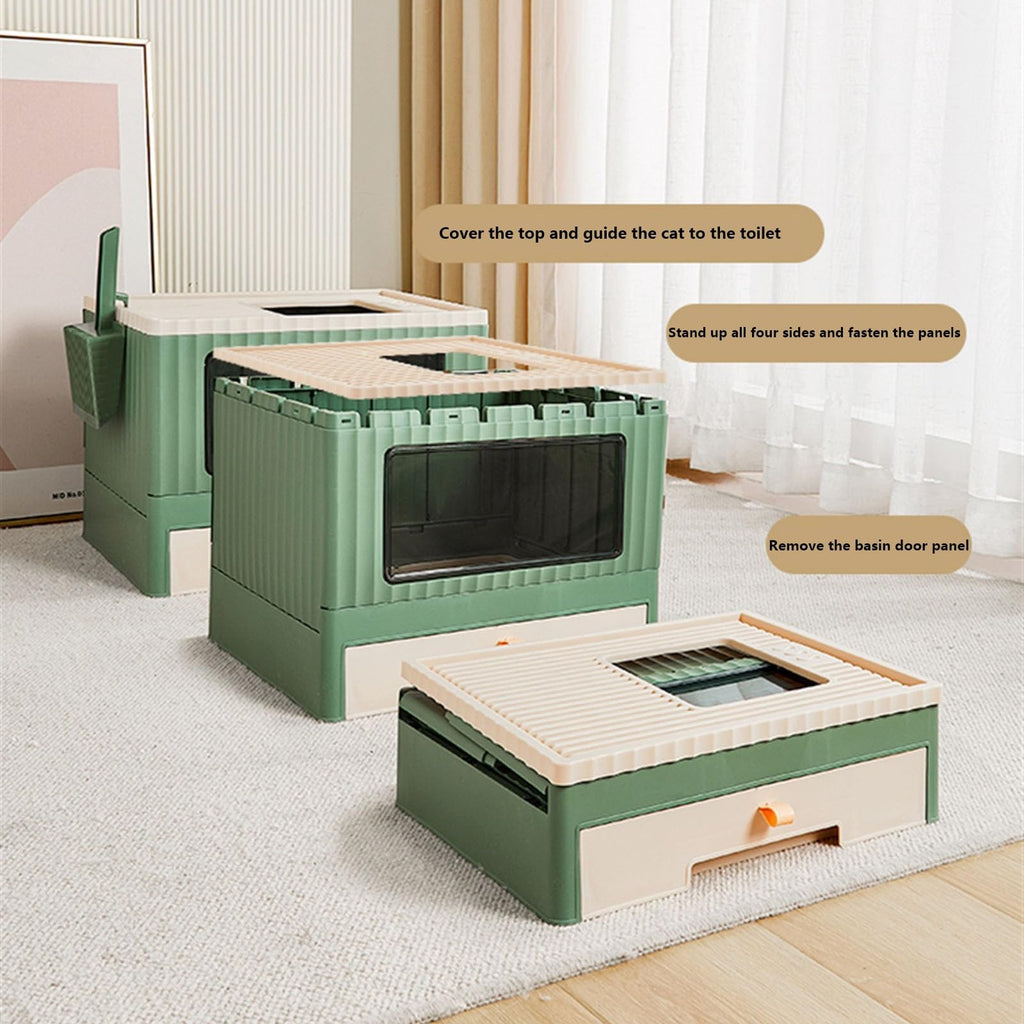 Top Entry Cat Litter Box with Lid Foldable Drawer Type Green S3130