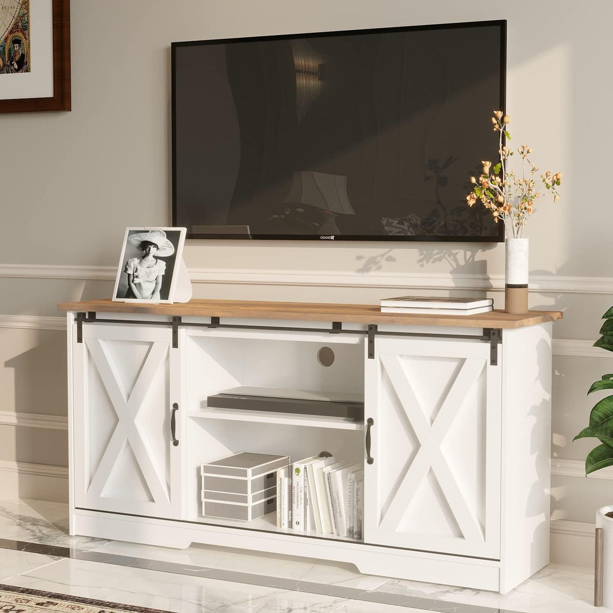 White Farmhouse TV Stand for 65 Inch TV Q5268