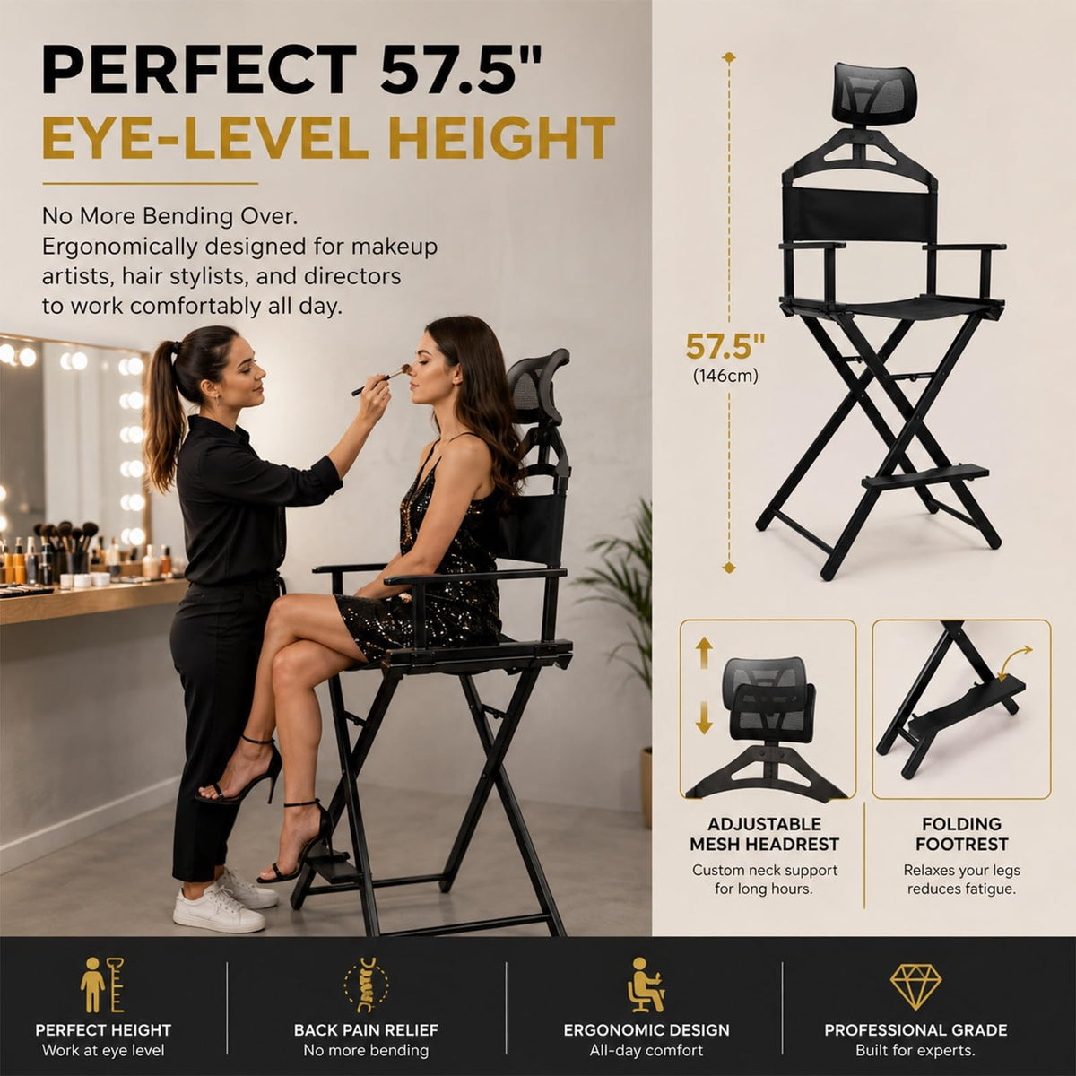 Gold Extra Tall Foldable Makeup Chair B790