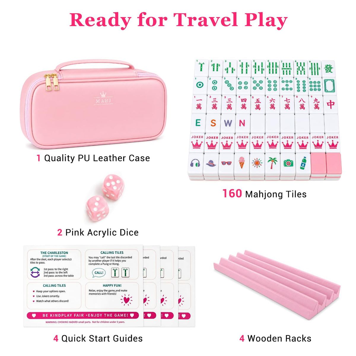 Pink Mini Travel Mahjong Tile Set with Racks and Bag S365085
