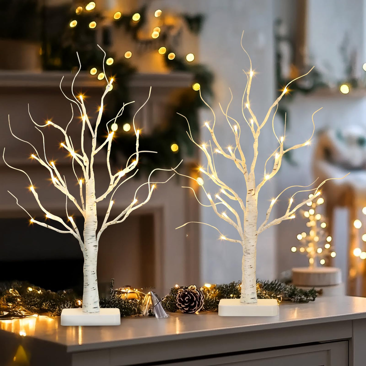 Lighted Birch Tree 2 Pack with 24 LED Battery Powered Timer B64949