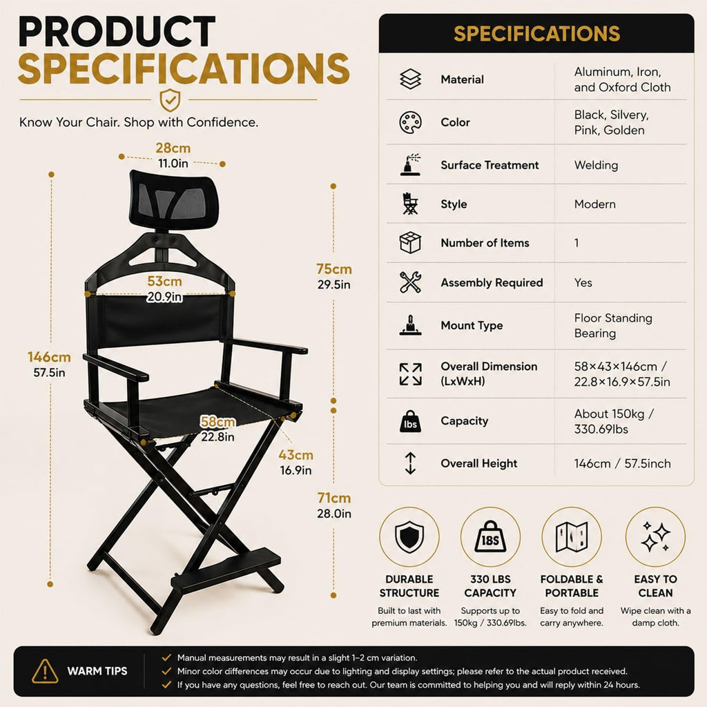 Gold Extra Tall Foldable Makeup Chair B790