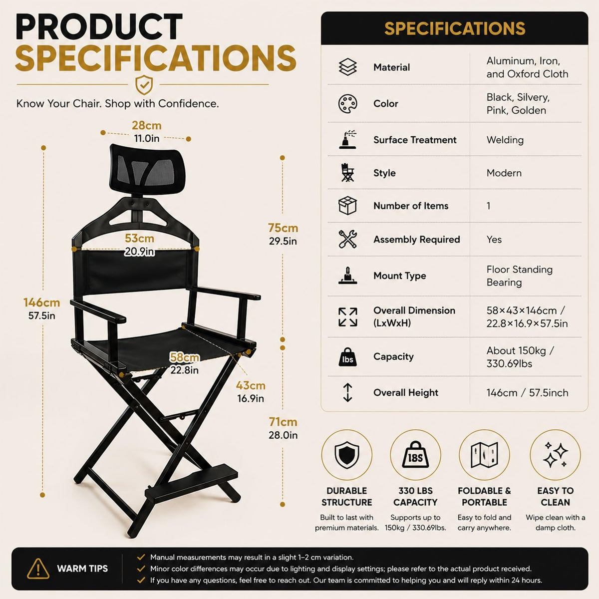 Gold Extra Tall Foldable Makeup Chair B790