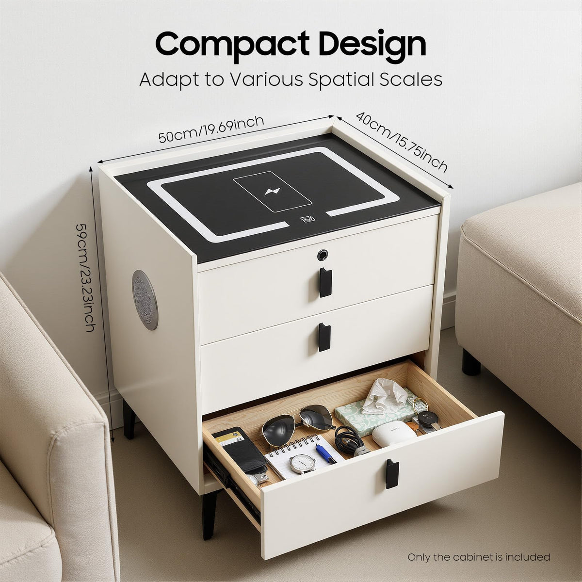 Beige White 3 Drawer Nightstand with Wireless Charging U727449