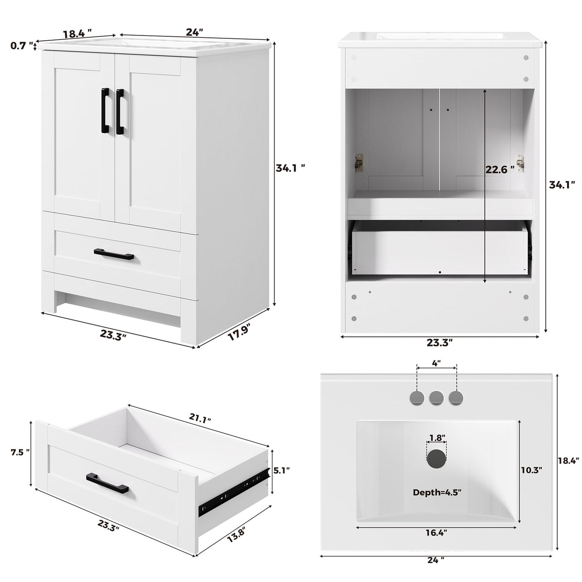 24" White Bathroom Vanity with Sink V433
