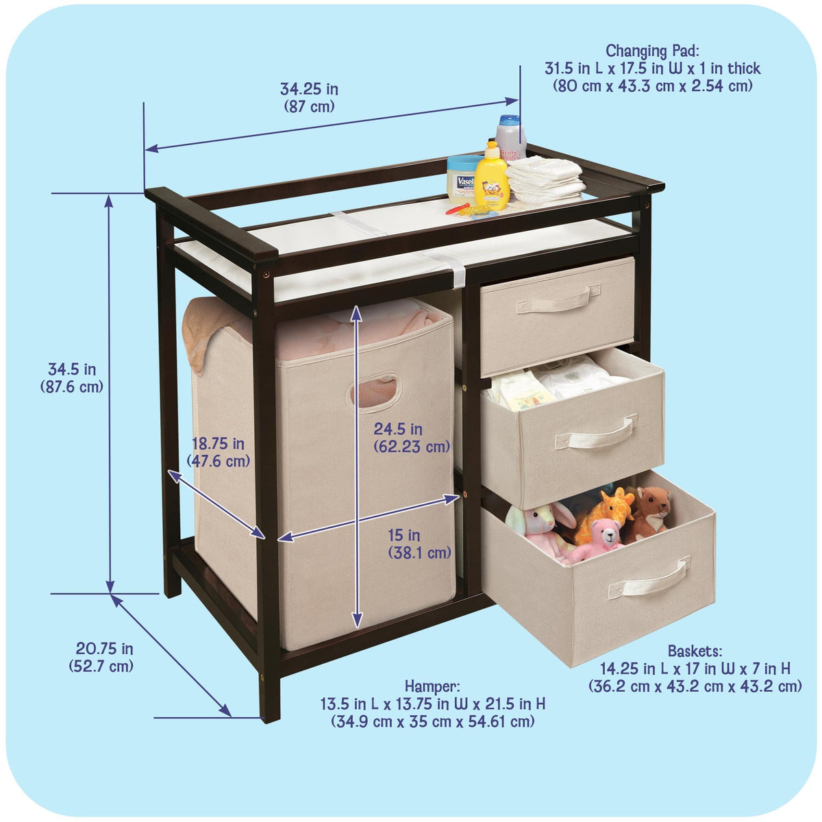 Baby Changing Table with Laundry Hamper and 3 Storage Drawers K696