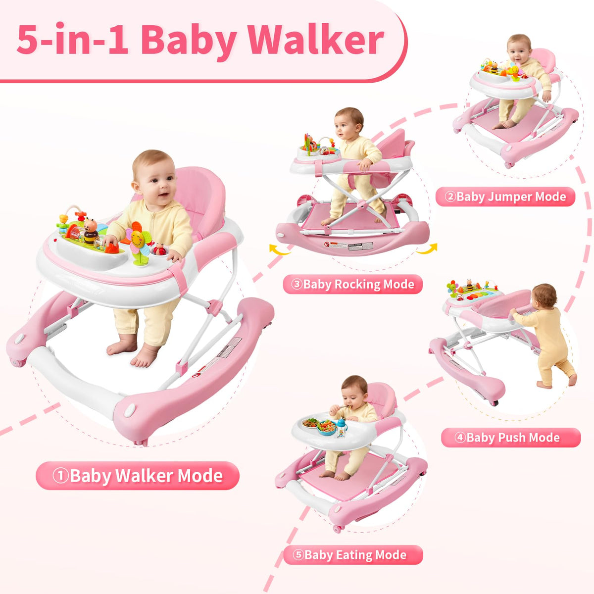 5 in 1 Foldable Baby Walker with Wheels and Bouncer N13050