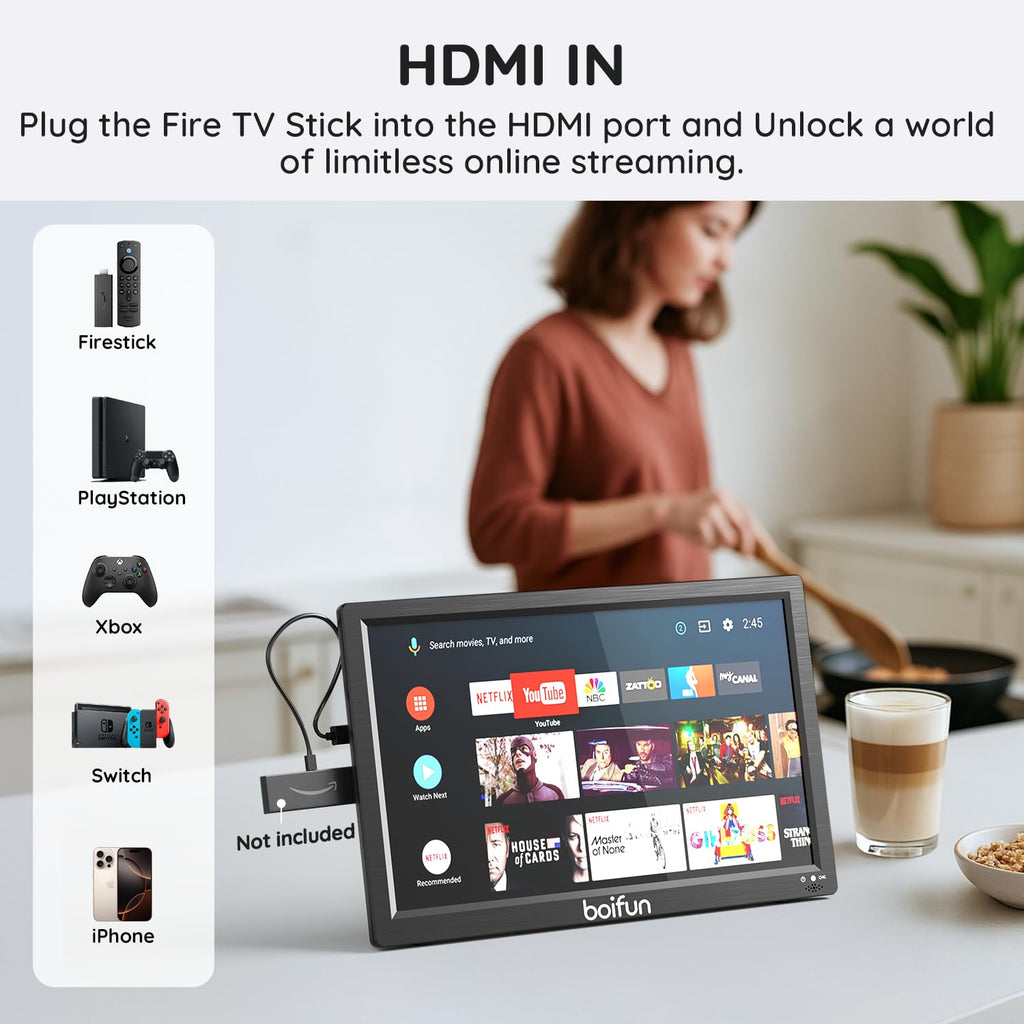 15.6" Portable TV DVD Combo with Antenna, FM Radio, 5000mAh Battery, Black V7788