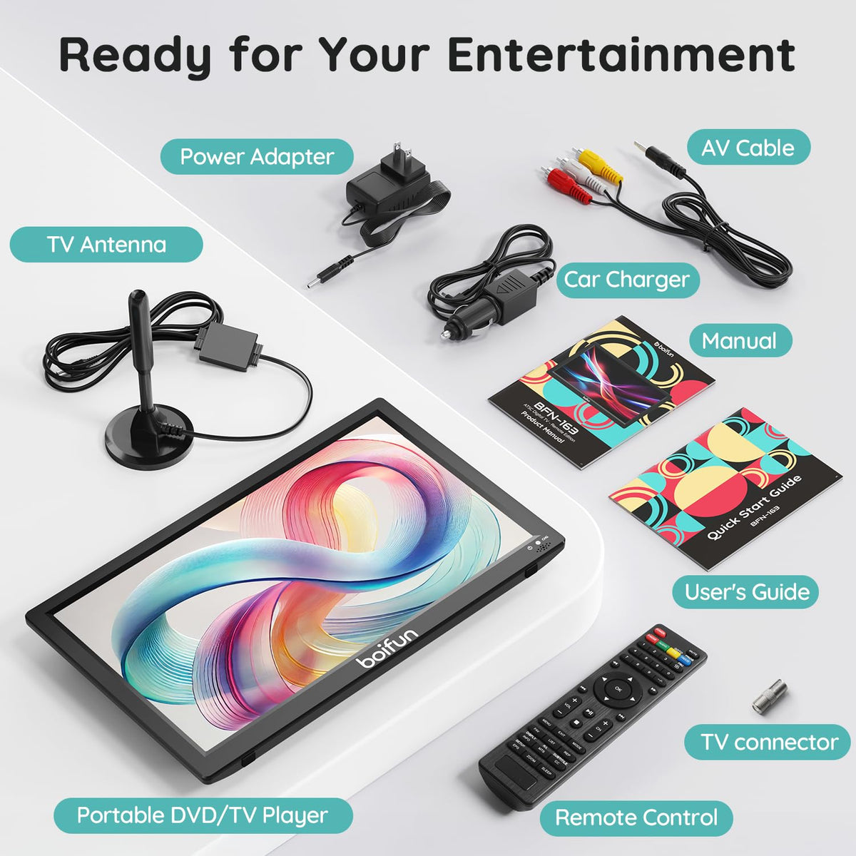 15.6" Portable TV DVD Combo with Antenna, FM Radio, 5000mAh Battery, Black V7788