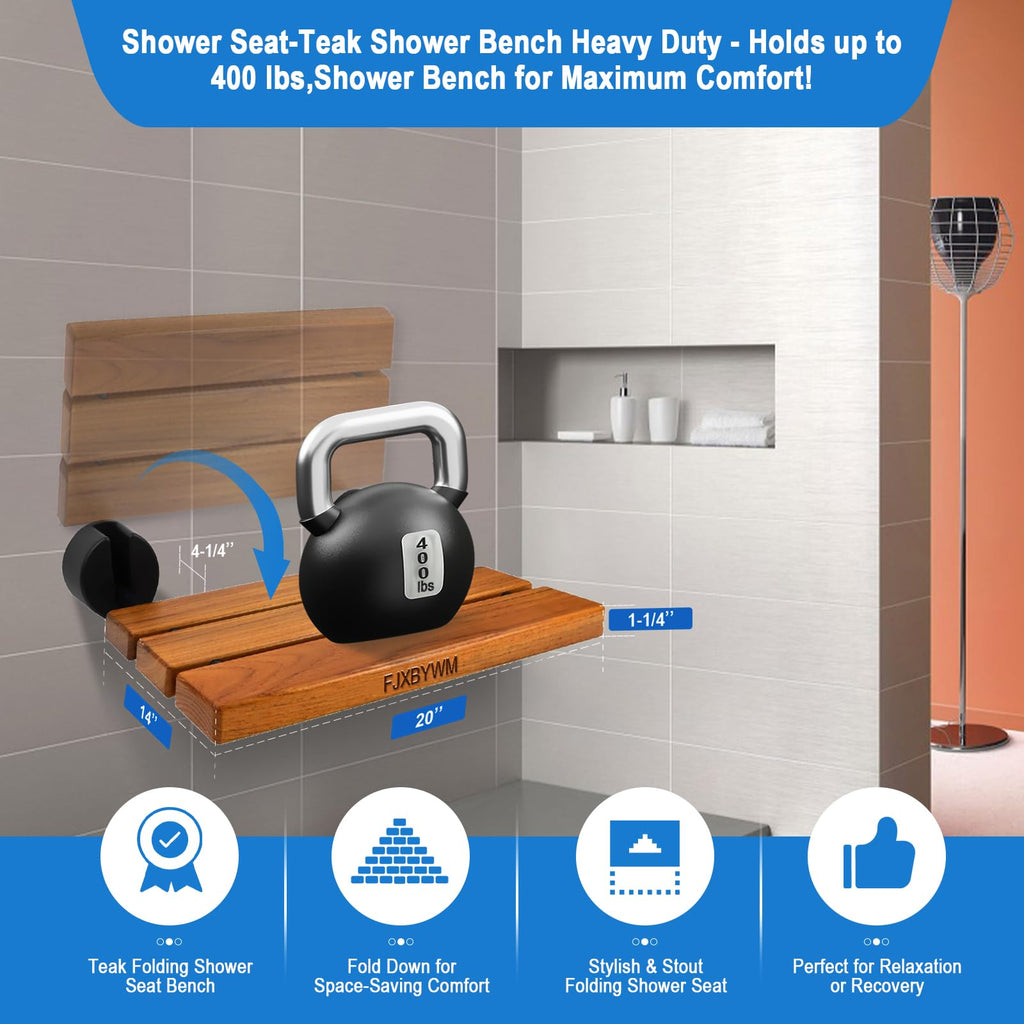 20" Teak Wall Mounted Fold Down Shower Seat 400 lbs Capacity D66887