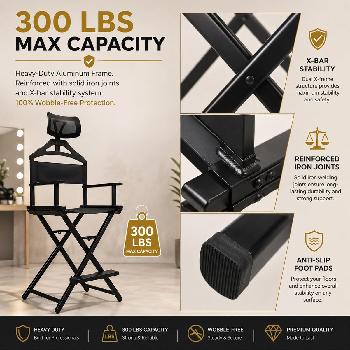 Gold Extra Tall Foldable Makeup Chair B790
