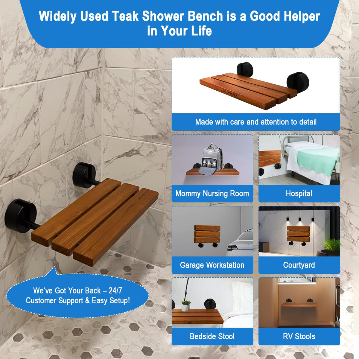 20" Teak Wall Mounted Fold Down Shower Seat 400 lbs Capacity D66887
