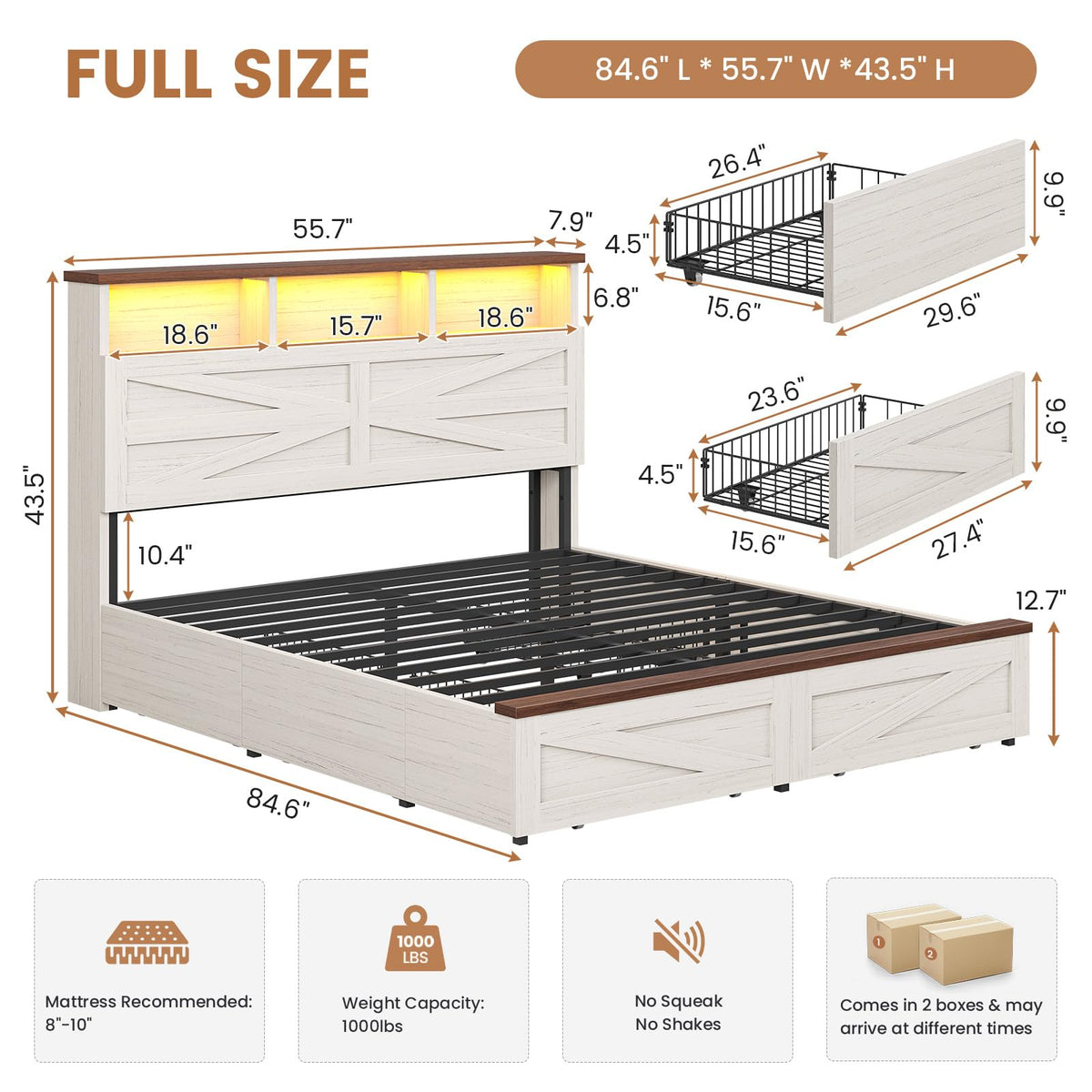 White Full Size Wood Bed Frame with 6 Drawers K615
