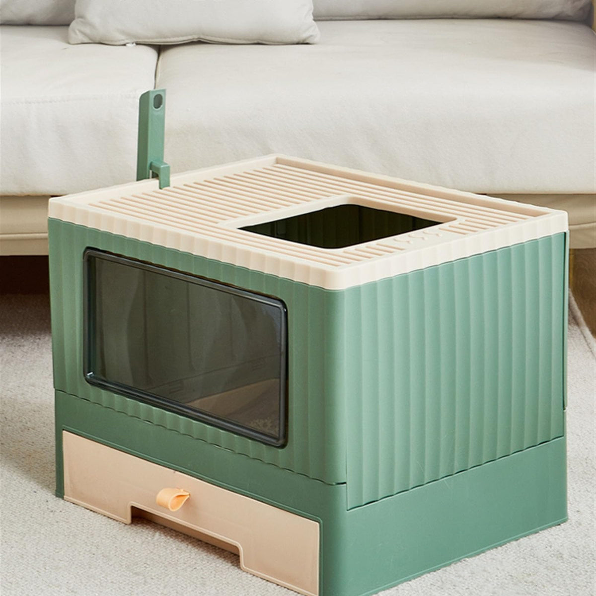 Top Entry Cat Litter Box with Lid Foldable Drawer Type Green S3130