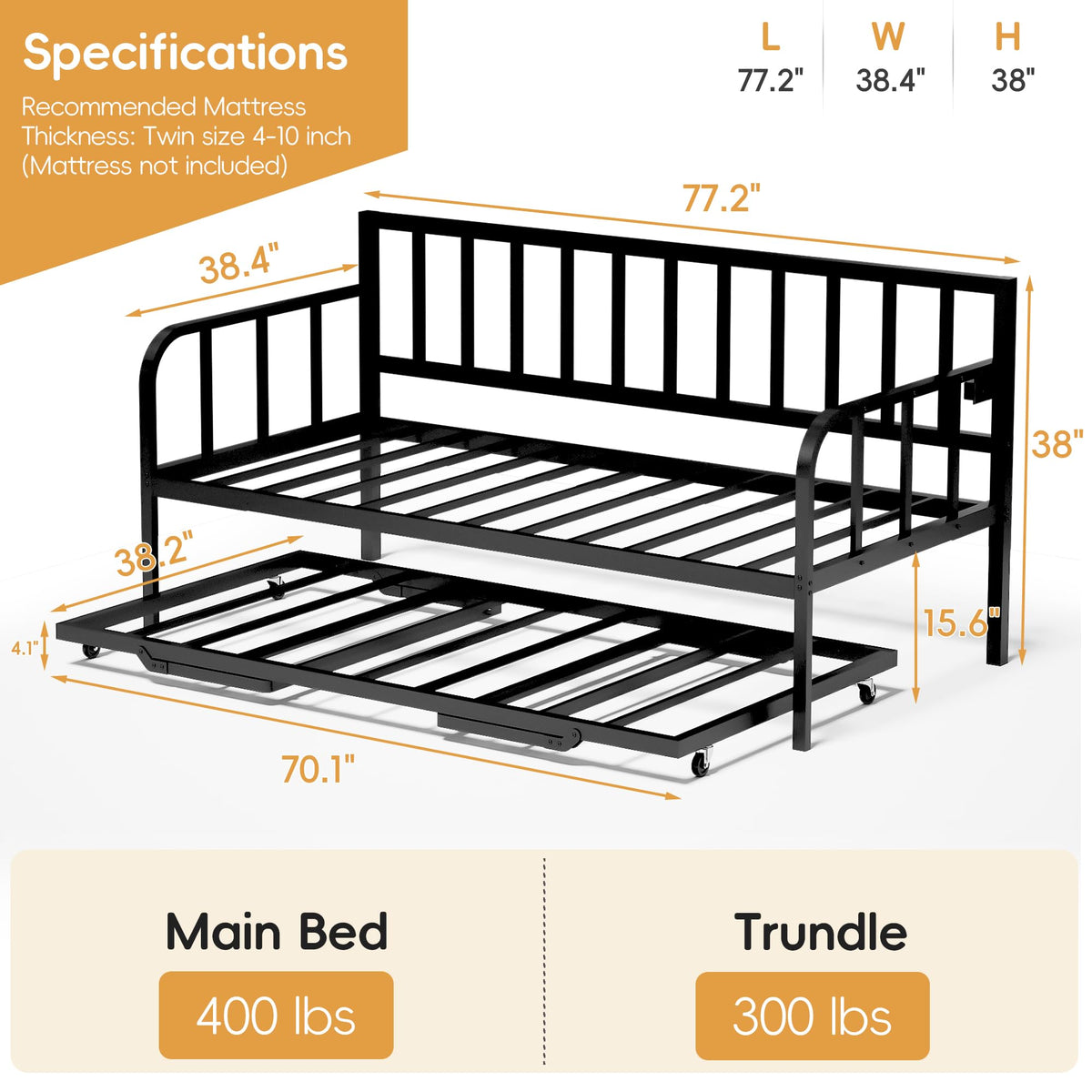 Black Twin to King Metal Daybed with Pop Up Trundle R269931