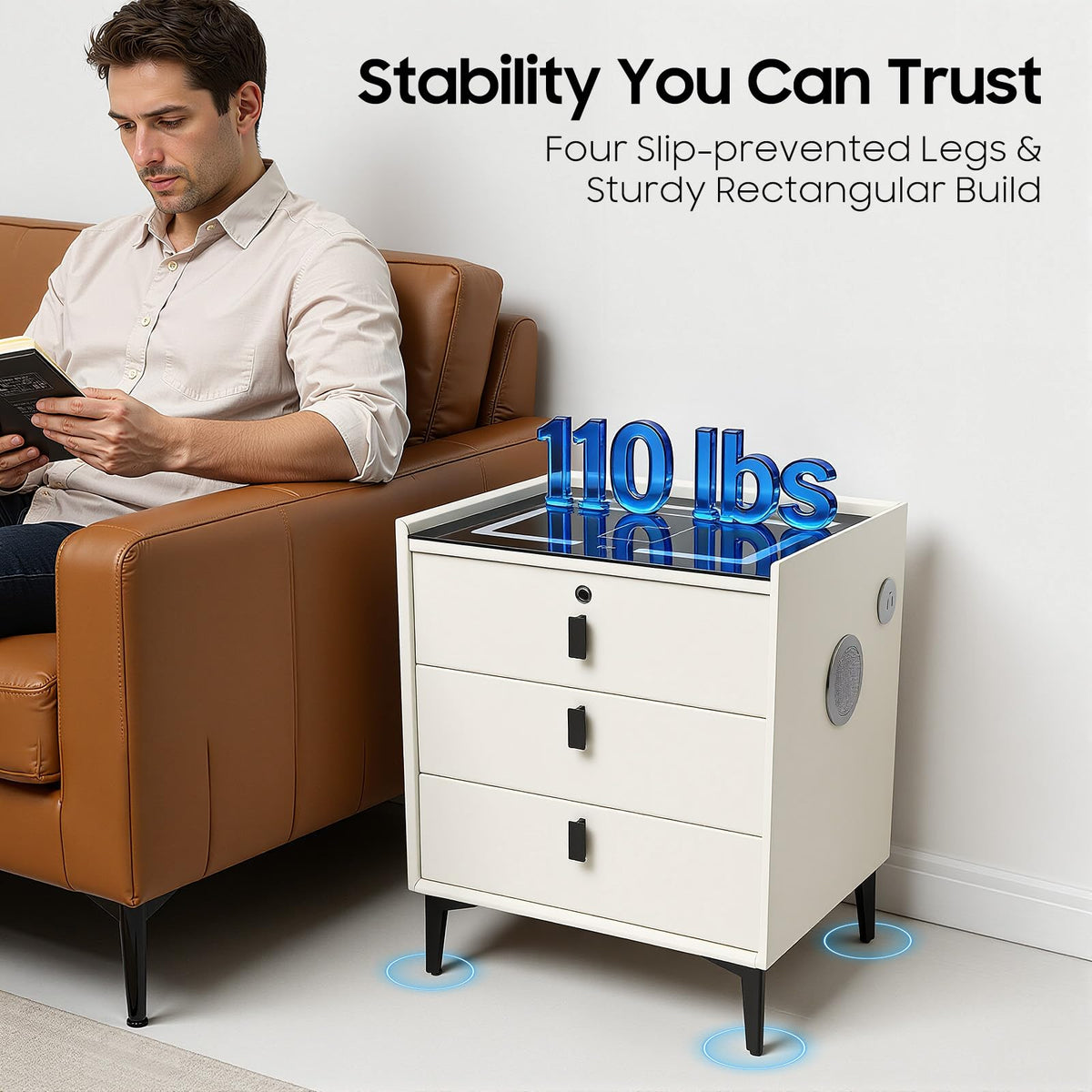 Beige White 3 Drawer Nightstand with Wireless Charging U727449