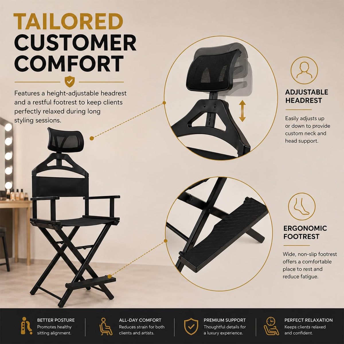 Gold Extra Tall Foldable Makeup Chair B790