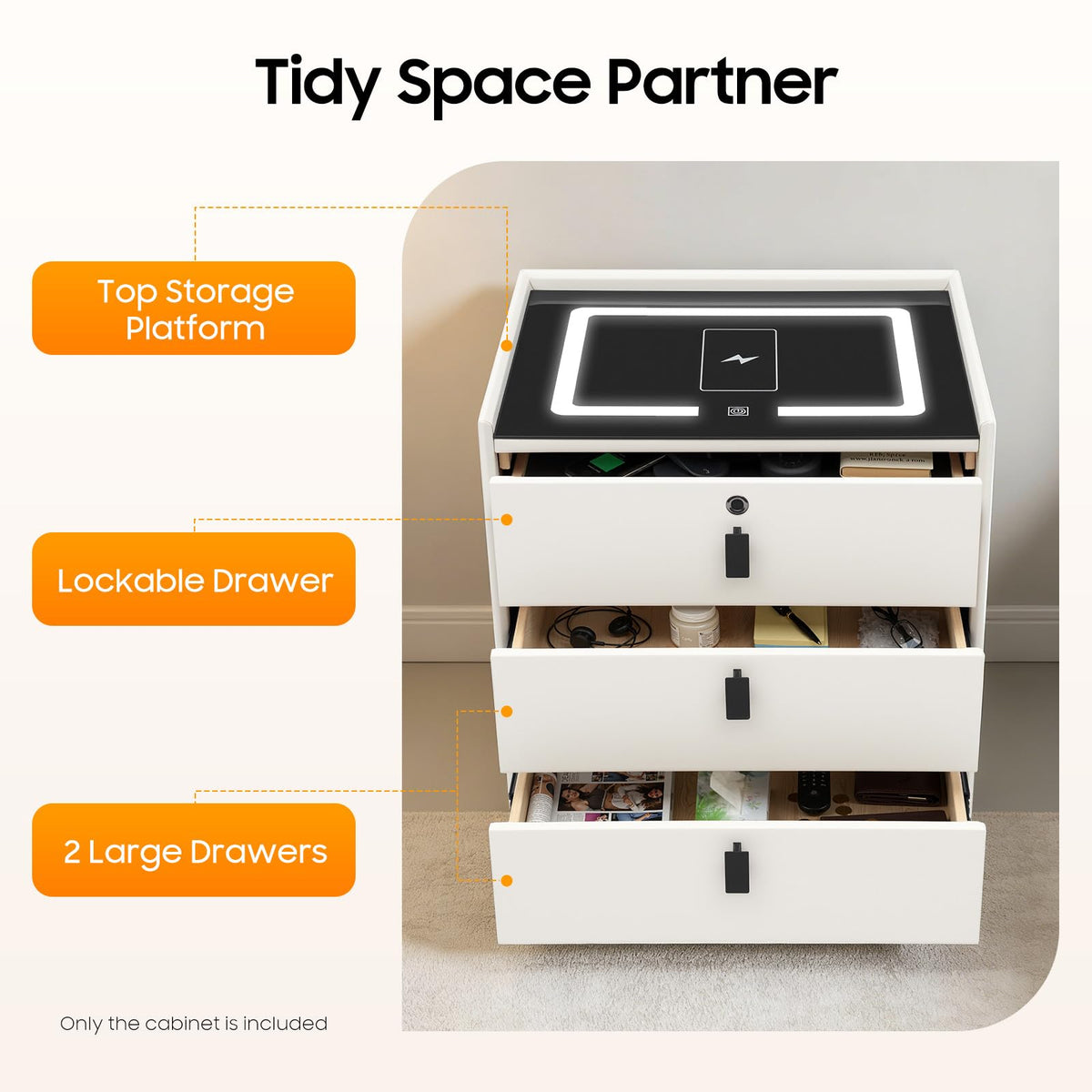 Beige White 3 Drawer Nightstand with Wireless Charging U727449