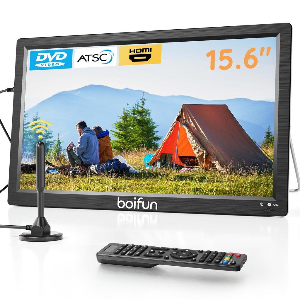 15.6" Portable TV DVD Combo with Antenna, FM Radio, 5000mAh Battery, Black V7788