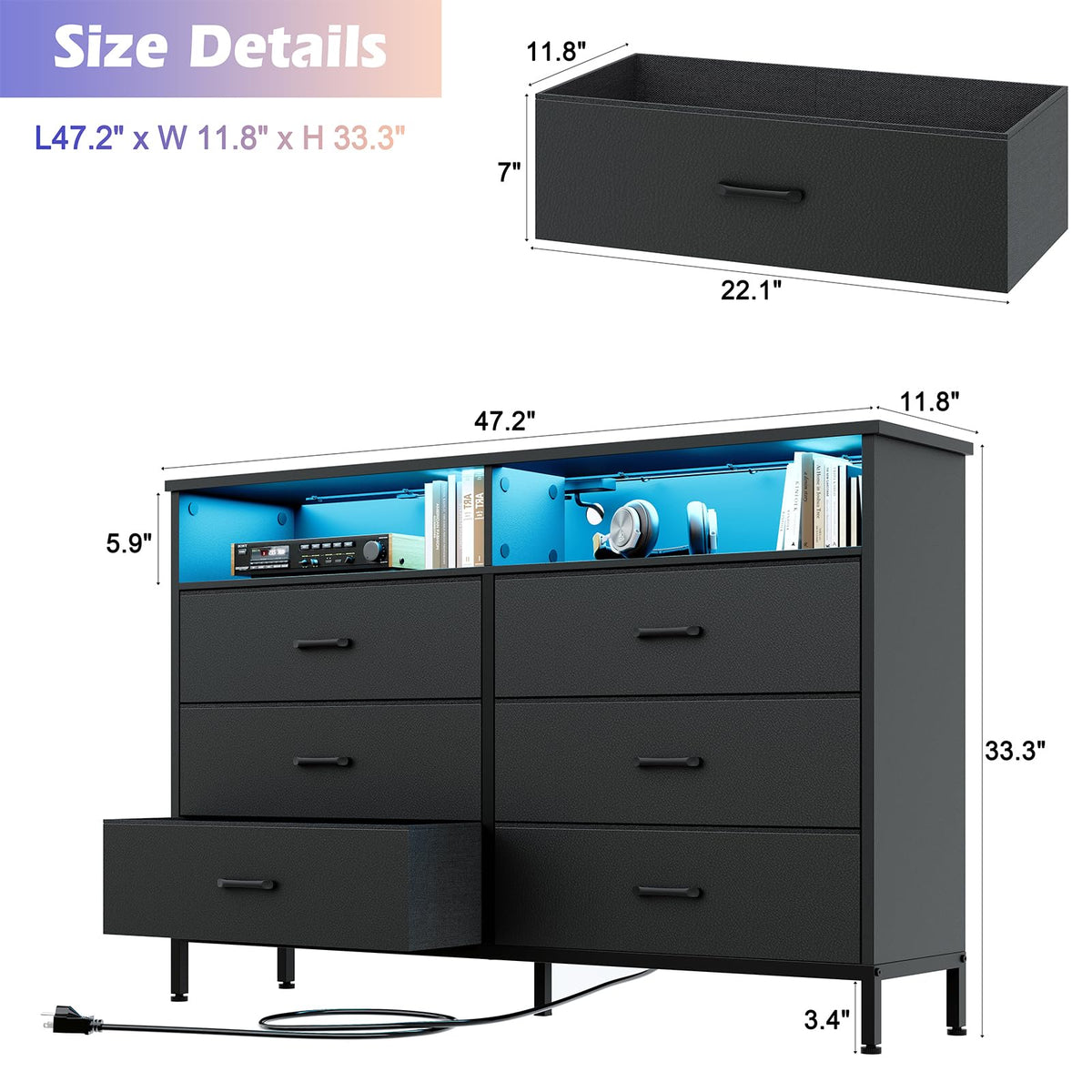 Black 6 Drawer Fabric Dresser S27965