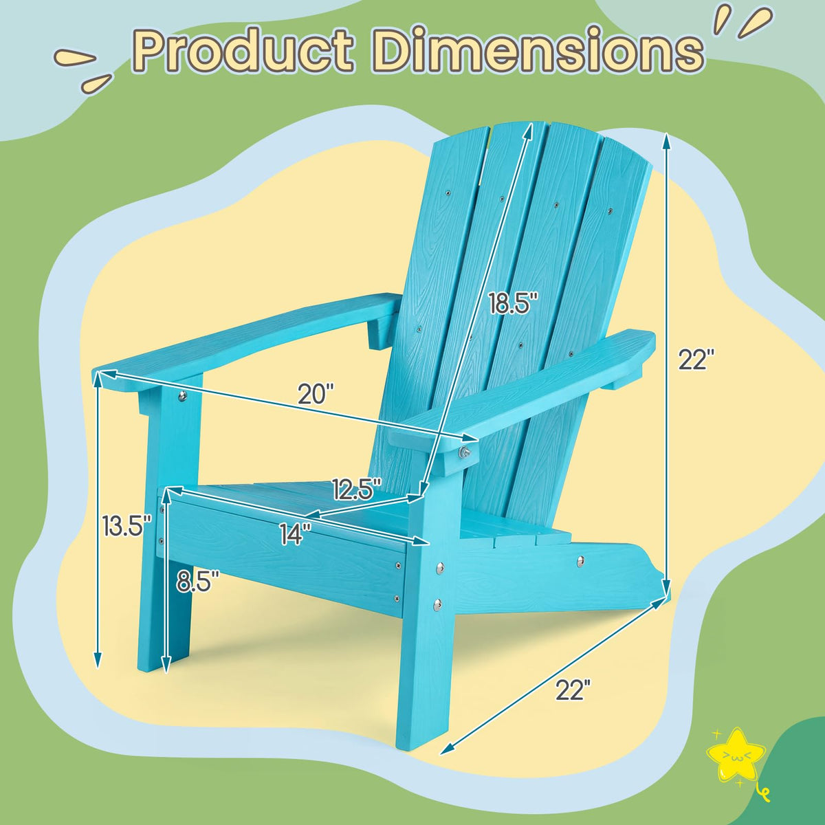 Kids Adirondack Chair, Plastic Toddler Lawn Chair, All-Weather Outdoor Chairs, Turquoise Z5667