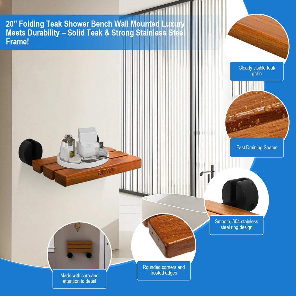 20" Teak Wall Mounted Fold Down Shower Seat 400 lbs Capacity D66887