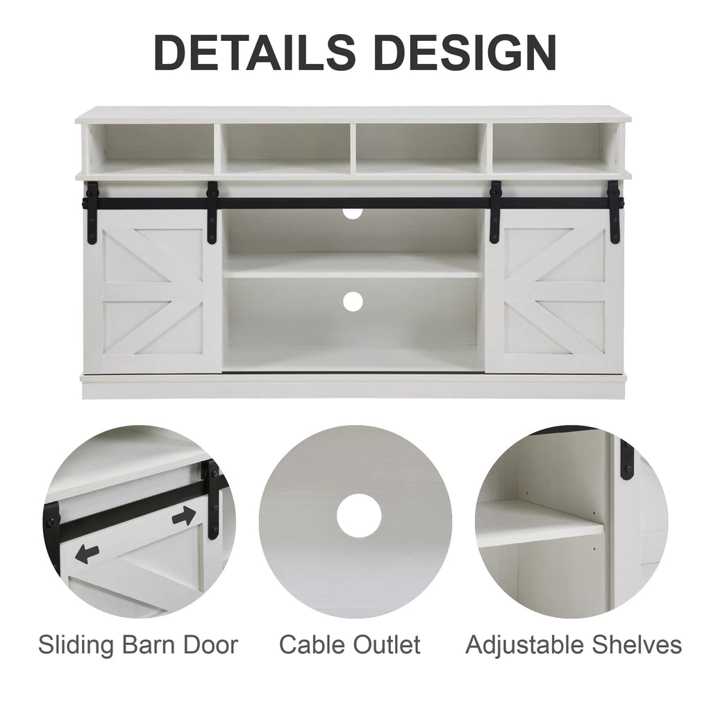 White 58 Inch Farmhouse TV Stand with Sliding Barn Doors O8534