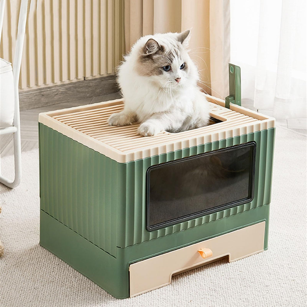 Top Entry Cat Litter Box with Lid Foldable Drawer Type Green S3130