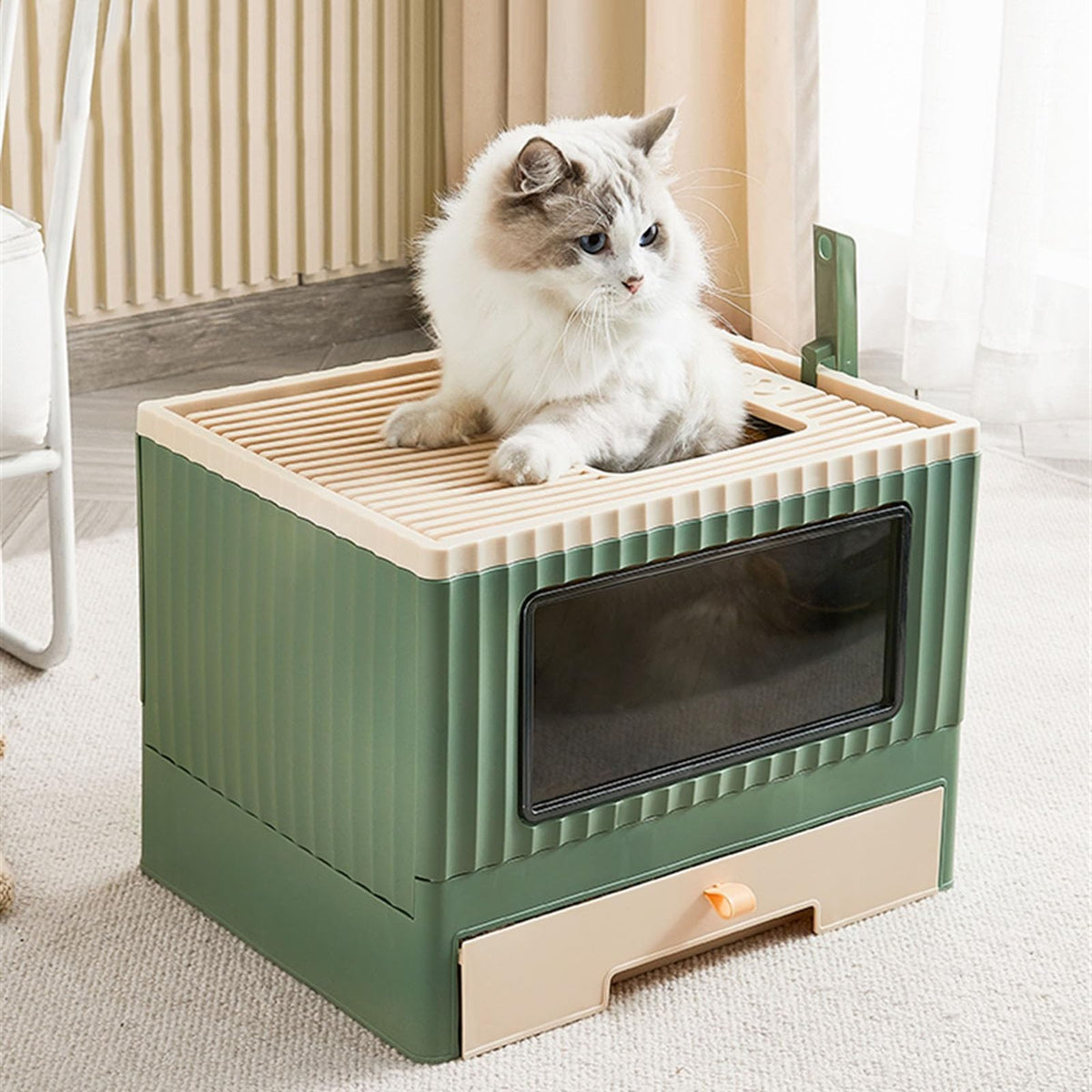 Top Entry Cat Litter Box with Lid Foldable Drawer Type Green S3130
