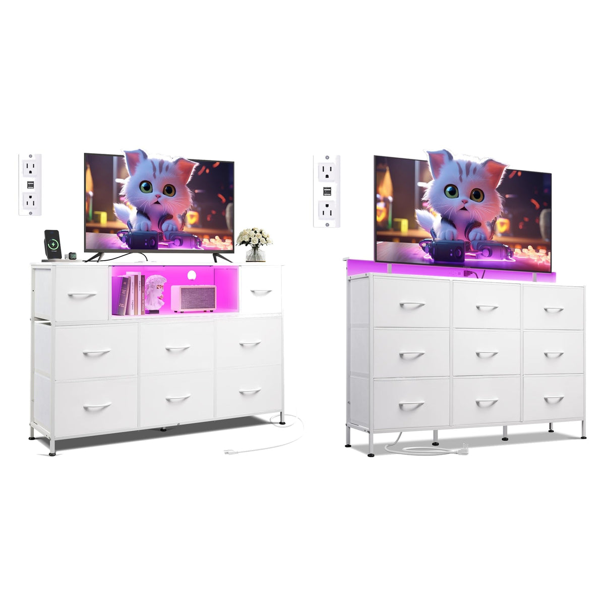 White 2-Piece TV Stand Dresser with 8+9 Fabric Drawers X9643