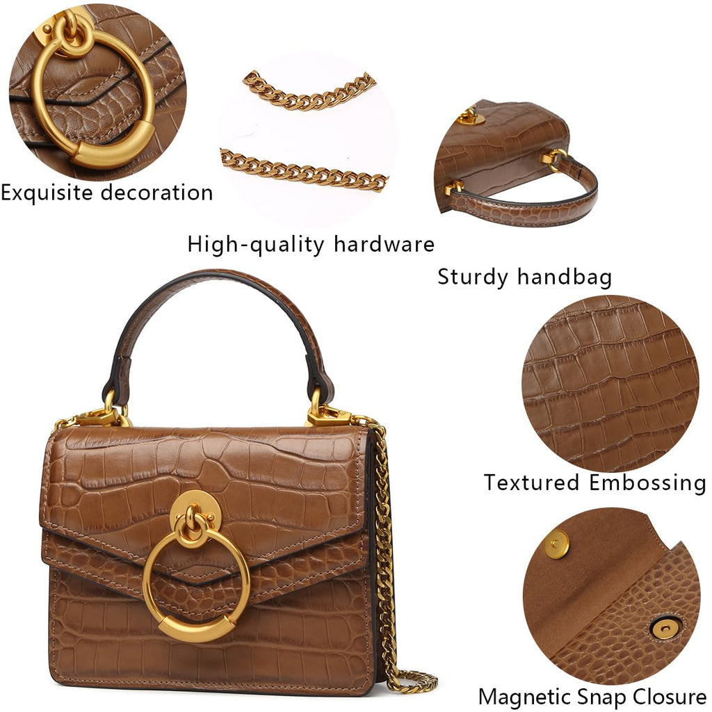 Croc Embossed Top Handle Leather Mini Crossbody Handbag T244