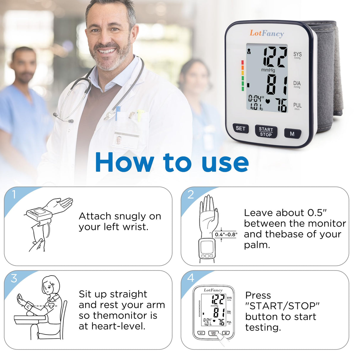 Automatic Wrist Blood Pressure Monitor with Adjustable Cuff and 120 Memory Z9959