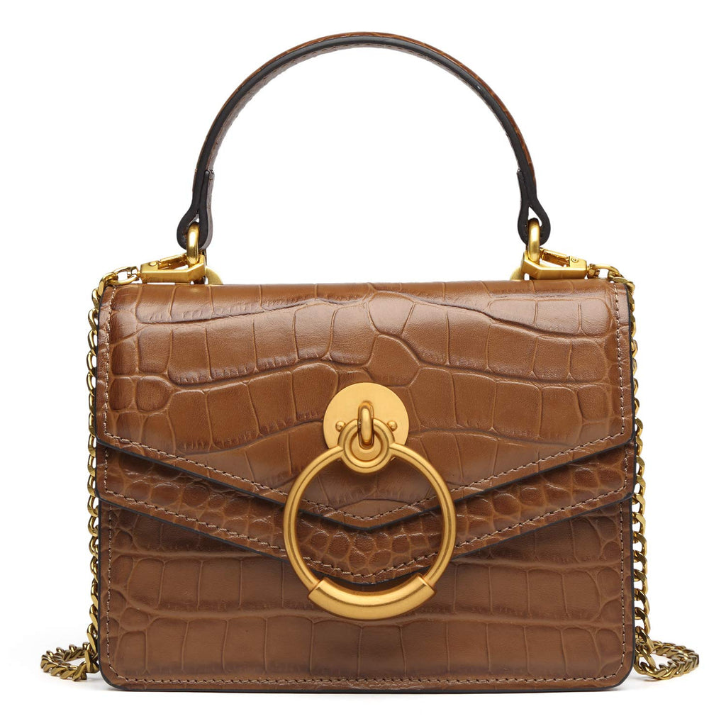 Croc Embossed Top Handle Leather Mini Crossbody Handbag T244