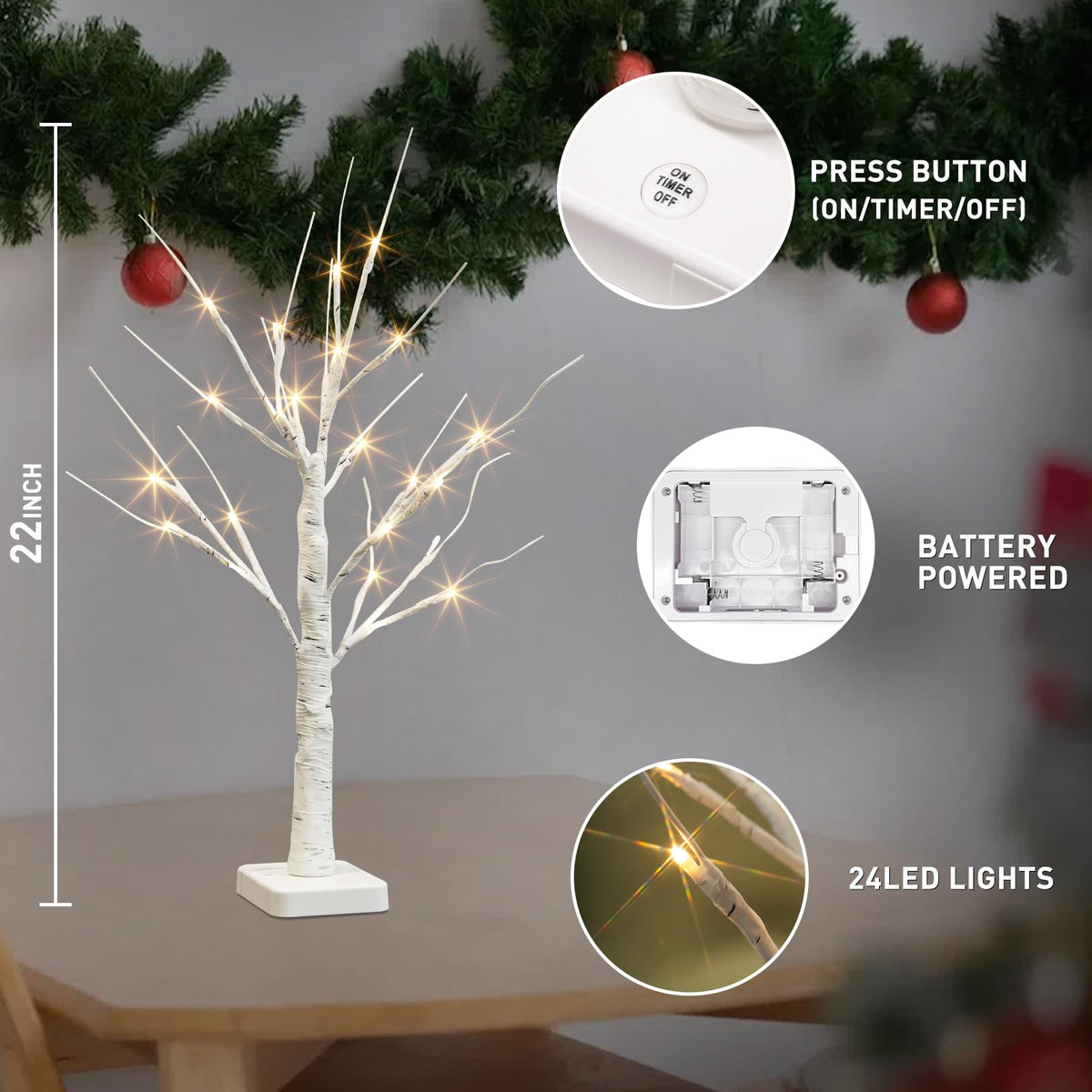 Lighted Birch Tree 2 Pack with 24 LED Battery Powered Timer B64949
