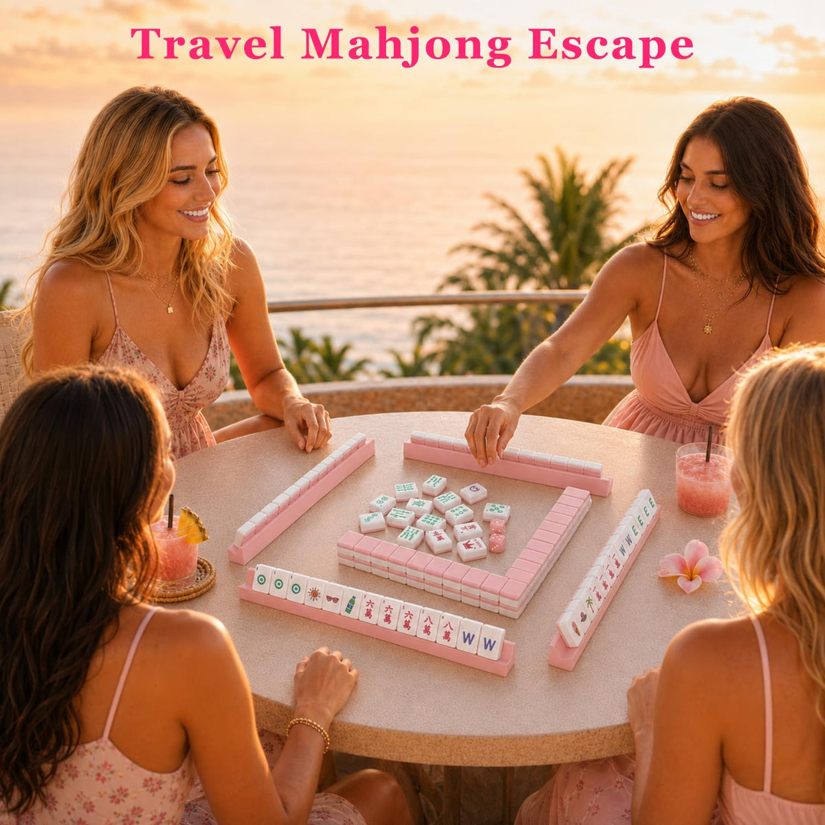 Pink Mini Travel Mahjong Tile Set with Racks and Bag S365085